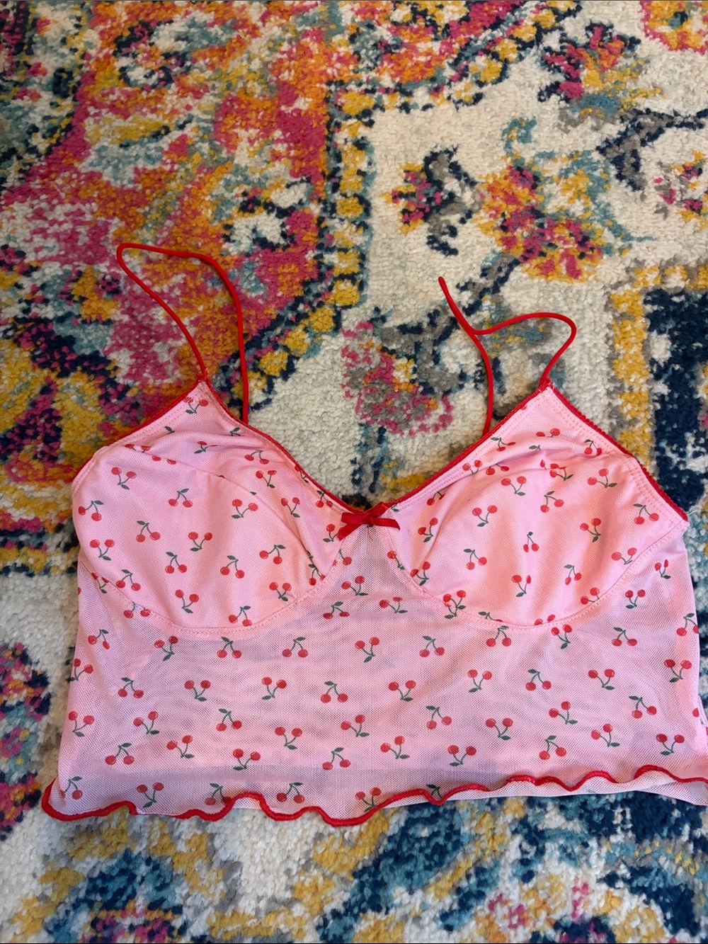Adika Pink Cherry Print Bralette with Red Trim